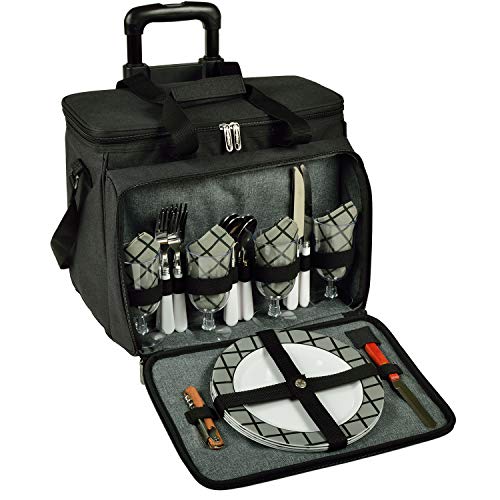 Picnic at Ascot Original Insulated Picnic Cooler with Service for 4 on Wheels-Designed & Assembled in The USA - color: Charcoal