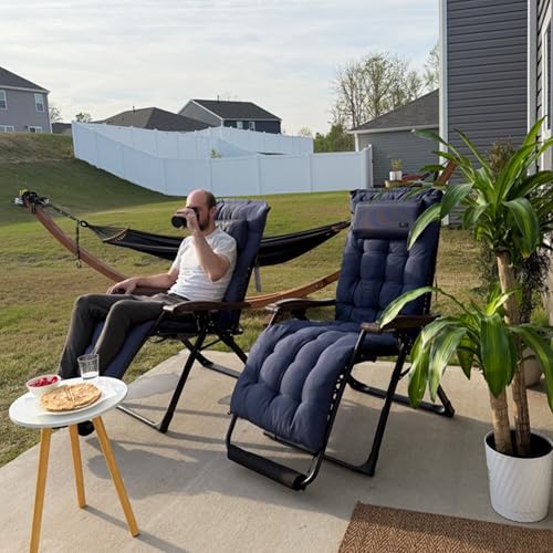 PURPLE LEAF Extra Wide Outdoor Reclining Chair Set of 2 Patio Zero Gravity Chaise Lounge Folding Chair with Removable Cushion Adjustable Headrest for Lawn Camping Beach Pool Navy Blue - color: Navy Blue - 2 Chairs, size: Extra Wide – Thick Cushion