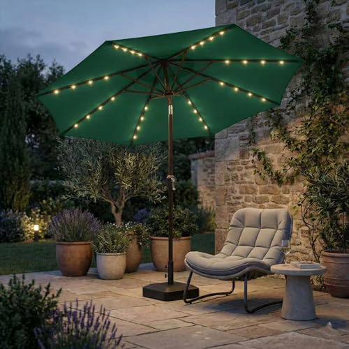 Kingdura 9FT Outdoor Patio Umbrella with Solar Lights, Market Table Umbrella with Push Button Tilt & Crank, 8 Sturdy Ribs, 32 LED Lights, UV Protection for Garden Lawn Deck Backyard Pool (Dark green) - color: Dark green-LED, size: 9 Ft