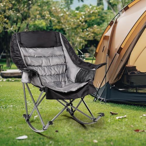 Oversized Rocking Camping Chair for Adults - 400lbs Capacity Padded Camp Chair with Cup Holder, Portable Foldable Outdoor Rocker Chair for Camping, Backyard, Patio (Black & Gray) - color: Black & Gray, size: 1 PCS