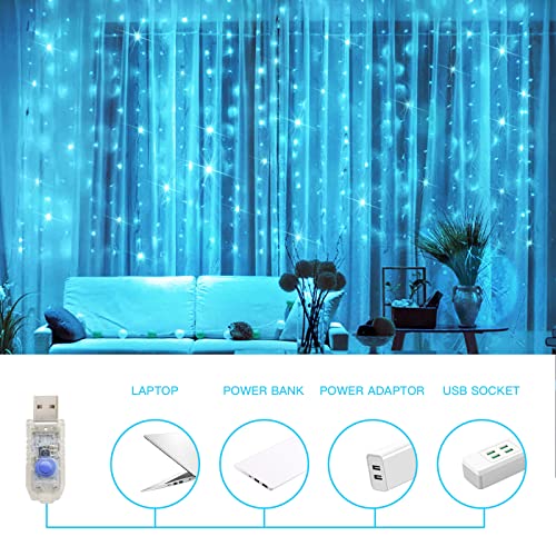 suddus Curtain Lights for Bedroom, 200 Led 6.5ft x 6.5ft Hanging String Lights Outdoor, Fairy Curtain Lights for Backdrop, Window, Wall, Wedding, Party, Garden, Porch, Birthday Decor Aqua - color: Auqa, size: USB-200 LED