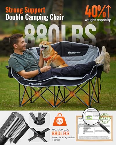 KingCamp Oversized Double Camping Chair, Heavy Duty 880lbs with Padded Seat & Cup Holders, 2 Person Loveseat Perfect for Outdoor Sports Family and Couples, Ideal for Lawn and Backyard, Black/Grey - color: XL 2 Person Black/Grey, size: Loveseat XL