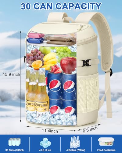 Pritent Cooler Backpack for Men Women Insulated Waterproof Backpack Cooler Leak Proof Cooler Bag Lightweight Lunch Backpack for Camping Beach Travel Picnic - color: Beige, size: 30 Cans