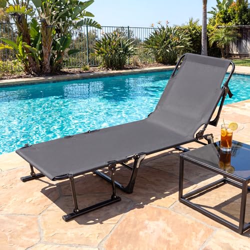 Tangkula Lounge Chair Outdoor with Cushion, 3 in 1 Convertible Outdoor Indoor Heavy Duty Folding Chaise Lounge Chair with 6-Position Adjustable Backrest & Flip-up Pillow (1,Gray)