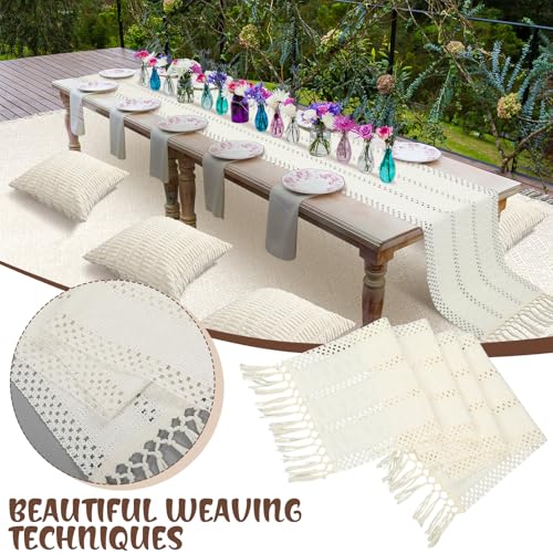 Beeveer Extra Large Outdoor Boho Picnic Blanket 91'' x 71'' White Table Runner 6 Throw Pillow Cover Woven Cotton Yarn Oversize Beach Blanket Washable for Picnic Camp Wedding - color: White, size: Fit 4-6 People 91'' X 71''