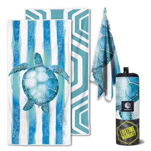 VENTURE 4TH Microfiber Beach Towel: Quick-Dry, Compact, Sand-Free, Absorbent, Sandproof and Lightweight - Perfect for Camping, Beach, and Roadtrips (Striped Turtle Design | 35x78 inches) - color: Striped Turtle, size: Extra Large (78" x 35")