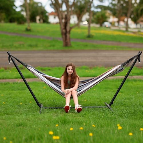 SZHLUX Double Hammock with Stand Included 450lb Capacity Steel Stand, Premium Carry Bag Included and Two Anti Roll Balance Beam, Portable Hammock with Stand for Backyard, Camping,Garden Brown Stripes - color: Coffee