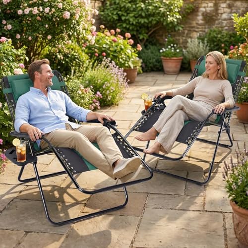 Sweetcrispy Zero Gravity Chairs, Foldable Patio Reclining Chairs with Adjustable Pillow & Cup Holder, Oversized Portable Support 400 lbs, for Backyard Camping(Black-Green) - color: Padded Black-green