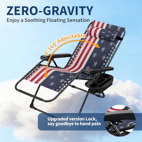 Garvee Zero Gravity Chair Set of 2, Patio Lounge Chair Outdoor with Pillow & Cup Holder Tray, Adjustable Reclining Chair, Folding Portable Camping Chair for Deck, Beach, Yard, Garden - color: American Flag