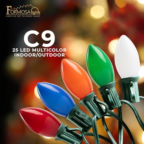 C9 26ft Indoor/Outdoor Opaque Multi-Color LED Christmas String Lights with 25 Bulbs and E17 Base | 120V, 0.6W - style: Opaque Multicolor LED