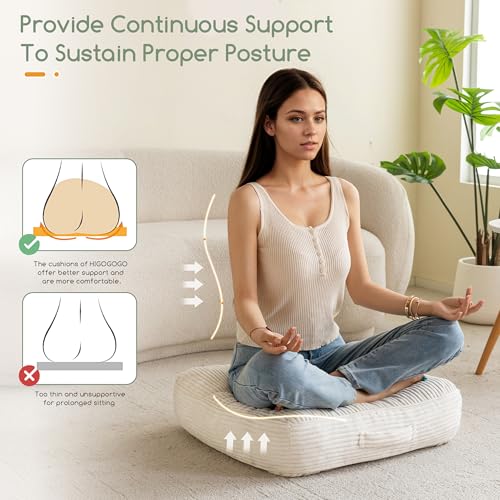 HIGOGOGO 6" Extra Thick Floor Pillow Cushion for Adults, Meditation Cushion Pillow, Large Square Floor Sitting, Tufted Corduroy Cover, for Tatami Living Room or Yoga, 22x22 Inch, Beige - color: Square Beige, size: 6" Thick(Pack of 1)