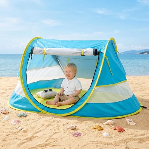 Poray Portable Baby Beach Tent with UPF 50+ Sun Shelter,Mosquito Net and Sunshade, Ideal Pop Up Kids Travel Tent with Carry Bag & 2 Stakes,Outdoor Indoor Play and Sun Protection - style: Large Deluxe Blue & Mat