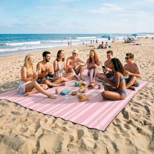 OIGAE Extra Large Beach Blanket, 10×10 ft Sand-Free Outdoor Picnic Mat for Groups, Water-Resistant Windproof Blanket with Stakes, Pink Stripe - color: Pink Stripe, size: 10x10 Ft (2～10 person)
