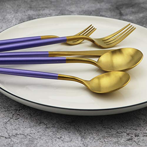 5-Piece Matte Gold Silverware Set, 18/10 Stainless Steel Satin Finish Flatware, Kitchen Utensil Set, Dishwasher Safe - color: Purple Handle Gold, size: Service for 1