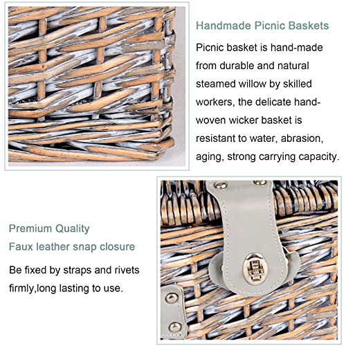 Picnic Basket Set for 4 Persons, Willow Picnic Basket with Insulated Cooler Bag and Tableware, Handmade Gift Hamper for Outdoor Lake Beach Camping and Party