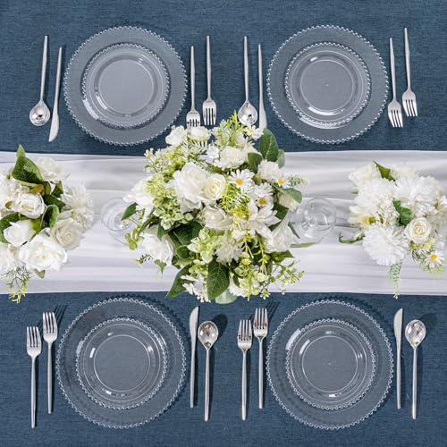U-QE 60PCS Clear Plastic Plates - Fancy Beaded Plates Disposable Heavy Duty - Premium Hard Plastic Plate for Party, Wedding & Birthday Including 30 Dinner10 & 30 Dessert Plate 7" - color: Clear
