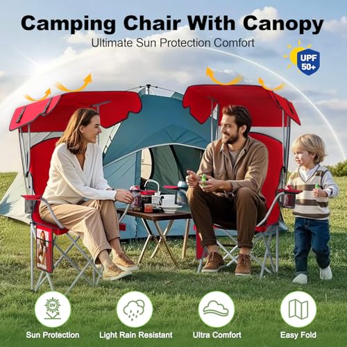 VTOY Portable Camping Chair with Canopy - Folding Chair with Canopy, Durable 600D Oxford Canopy Chair for Camping, Beach, Picnics, Fishing & Sports - color: 2pack Red