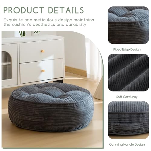 HIGOGOGO 8" Extra Thick Floor Pillow Cushion for Adults, Meditation Cushion Pillow, Large Round Floor Sitting, Tufted Corduroy Cover, for Tatami Living Room or Yoga, 22x22 Inch, 2Pack, Dark Grey - color: Round Dark Grey, size: 8" Thick(Pack of 2)