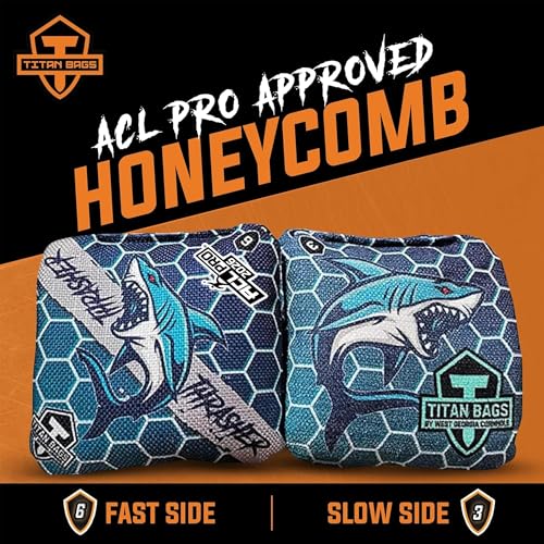 Titan Bags Thrasher Cornhole Bags - 6"x6" ACL PRO Approved Tournament-Grade, Durable Dual-Sided for Precision Shots, All-Weather Power Grip Pellets for Indoor & Outdoor Tossing - Set of 4 - color: Honeycomb Lurking Lagoon