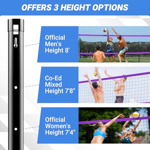 SPOYNAL Portable Volleyball Net for Backyard & Beach - 20FT/32FT Outdoor Volleyball Set with Adjustable Height (8ft/7.8ft/7.4ft), Boundary Line, Volleyball, Pump & Carry Bag - style: 32FT-Purple