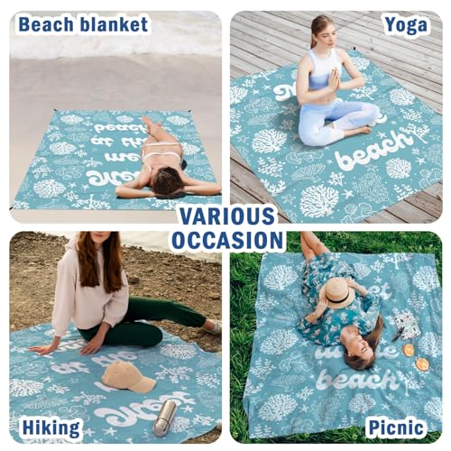 Meet Me at The Beach Pocket Picnic Blankets, Blue Ocean Coastal Outdoor Beach Camping Blanket Waterproof Sandproof, Sea Coral Grass Mini RV Picnic Mat for Camper Campsite Travel 55x60in - color: Coral