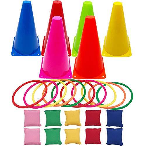 3 in 1 Carnival Games Set, Soft Plastic Cones Cornhole Bean Bags Ring Toss Games For Carnival Kids Birthday Party Indoor Outdoor Games Supplies
