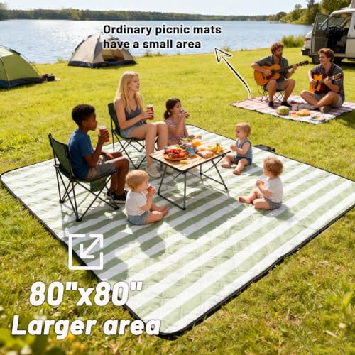 Extra Large Picnic Blanket 80"x80" – Waterproof Sandproof Outdoor Blanket for Beach, Park, Grass, Lawn, Camping, Wedding Registry, Foldable & Portable Mat for Family Picnics and Travel - color: Moss Green