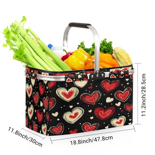 Red Heart Picnic Basket Large Collapsible Market Baskets Portable Reuasble Shopping Bags - color: Multicolor