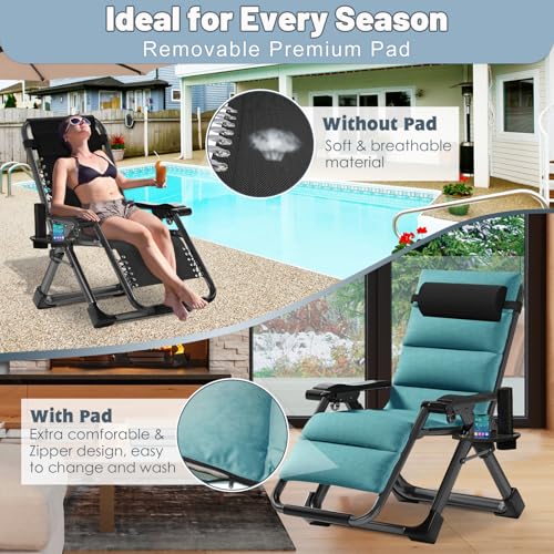 Slsy Zero Gravity Chair, Reclining Lounge Chair with Removable Cushion & Tray for Indoor and Outdoor, Patio Recliner Folding Reclining Chair - color: Linen Persian Green, style: Zero Gravity Chair