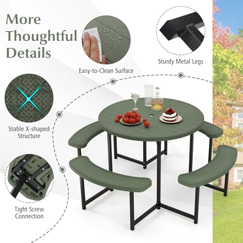 Byroce 8-Person Picnic Table for Outdoors, HDPE Picnic Table Set with 4 Benches, Umbrella Hole & Metal Frame, Heavy Duty Round Dining Table Chairs for BBQ Party in Patio, Yard & Poolside (Green) - color: Green