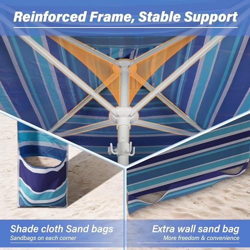 Beach Cabana-6.6x6.6’Beach Canopy with Side Wall,Portable Umbrella Tent with Sand Pockets for Family & Friends,Easy Up Beach Sun Shelter for Outdoor Patios,Backyards,and Camping,Stripe - style: Stripe