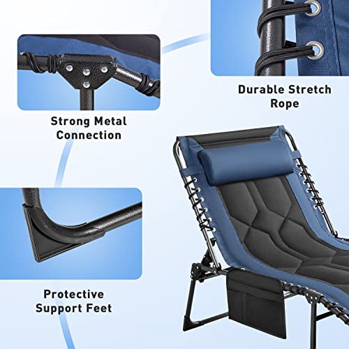 Flamaker Folding Chaise Lounge Outdoor Portable Lounge Chairs 4-Position Adjustable Camping Lounge Chair with Pillow & Side Bag Lightweight Recliner Sunbathing Chair for Pool Beach Deck (Blue) - color: Blue