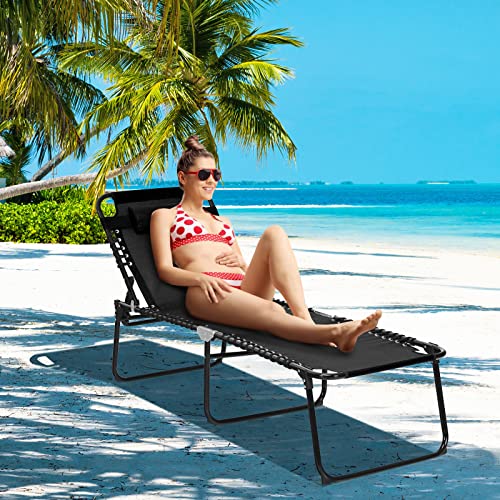 GYMAX Lounge Chairs for Outside, Extra High Folding Beach Tanning Lounger with 4-Level Adjustable Backrest, 2-Level Footrest & Removable Pillow, Sunbathing Lounge for Patio, Lawn, Poolside (1, Black) - color: Black