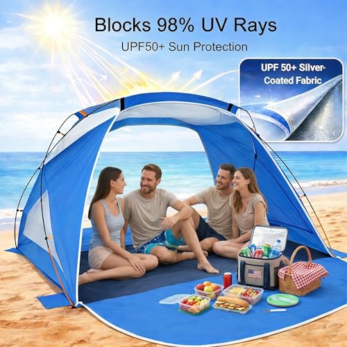 Beach Tent Sun Shelter with UPF 50+ UV Protection, Dual Door Design for Better Ventilation, Easy Setup Portable Beach Shade Canopy with Carrying Bag for Beach, Camping, Fishing and Outdoor Travel - color: Blue-Dual Door, size: Spacious 4-Person