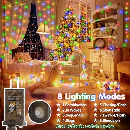 KNONEW 100FT 300 LED Outdoor Fairy Lights Plug in, Christmas Fairy Lights Outdoor Waterproof 8 Modes Memory Times for Wedding Bedroom Walls Garden Trees Decoration(Multicolor) - color: Multicolor, size: 100FT 300 LED Copper-colored wire