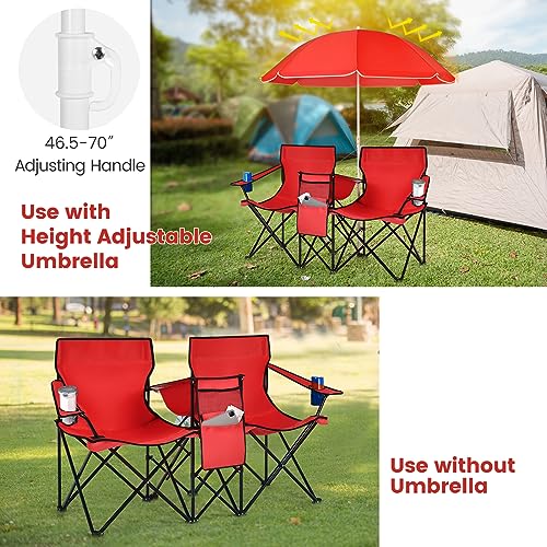 Double Camping Chair, 2-Person Portable Beach Chair w/Removable Umbrella, Cup Holders & Carrying Bag, Folding Loveseat Chairs for Adults Outdoor Picnic (Red) - color: Red
