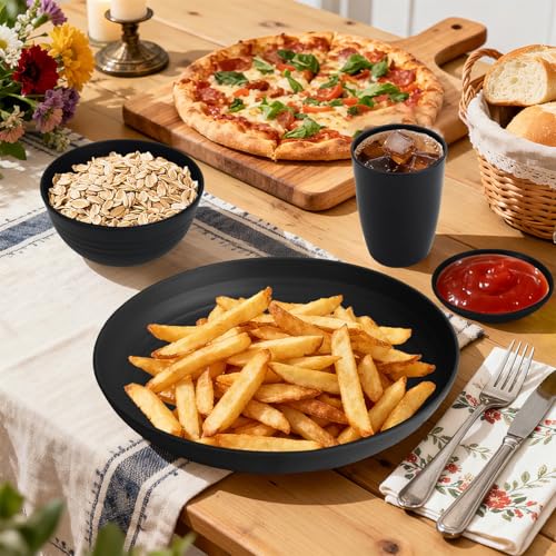 Wheat Straw Dinnerware Sets 16 PCS, Unbreakable Kids Plates and Bowls for 4-9 IN Plates, 26 OZ Cereal Bowls, 2 OZ Dipping Bowl, 12 OZ Cups, Dishwasher & Microwave Safe Plate Set - Black - color: Black, size: 16 PCS