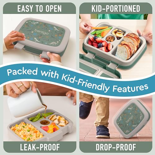 Bentgo Kids Prints Leak-Proof, 5-Compartment Bento-Style Kids Lunch Box - Ideal Portion Sizes for Ages 3-7, Durable, Drop-Proof, Dishwasher Safe, & PFAS & BPA-Free Materials (Dino Fossils) - color: Dino Fossils