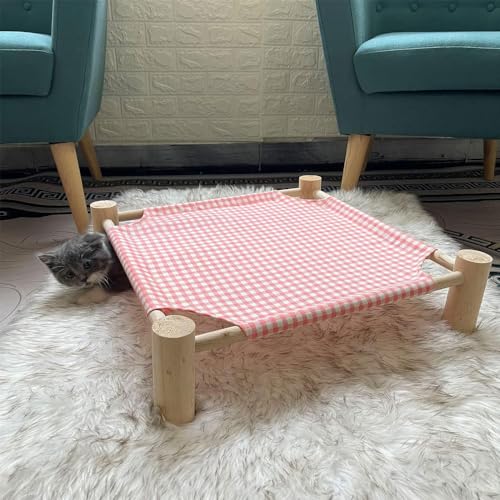 Pozico Elevated Cat & Dog Bed – Wooden Frame Pet Hammock for Small Dogs & Cats, Indoor/Outdoor Raised Bed with Breathable Mesh, Portable Pet Cot Furniture – Pink Grid - color: Pink Grid
