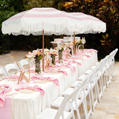 AMMSUN Boho Fringe Umbrella Outdoor Patio, 6.5ft UPF50+ Picnic Umbrella with Tassels with Steel Pole and Push Button Tilt, Pink Stripes - color: Pink Stripes