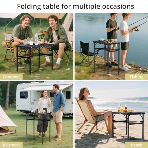 Anbte 2ft Folding Camping Table Max 29.5", 3 Adjustable Height Aluminum Small Folding Table with Storage Net & Portable Handle, Lightweight, for Travel Outdoor Beach Picnic Camp, 23.2" x 16", Black - size: 24"l X 16"w X 29.5h"