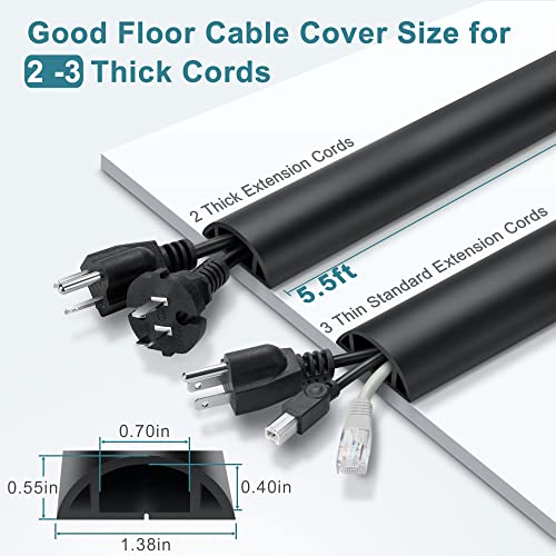 5.5FT Floor Cord Cover, Black Soft Cable Cover Floor, Large Size Extension Cord Covers for Floor, Power Cord Protector Floor Wire Cover - Cord Channel Diameter: 0.7" (W) x 0.4" (H) - color: Black, size: Large-5.5ft