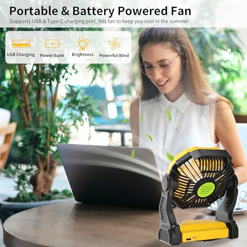 Portable Camping Fan Cordless Battery Powered，270° Rotating Portable Battery Operated Rechargeable Fans, 360° Hanging Hook, USB Personal Outdoor Camping Fans for Tents,Travel X23 Yellow - color: Yellow