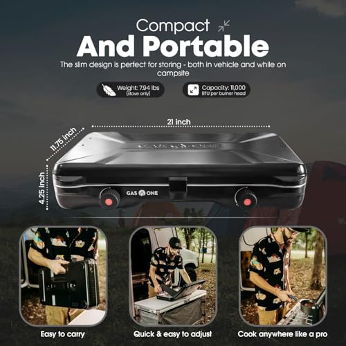 GasOne Portable Camping Stove – Double Propane Stove with Auto Twist Turn Ignition – 22,000 BTU Camping Cooktop with 2 Burners and Wind Guard – Ideal for Tailgating, Fishing, Travel - color: Midnight Blue