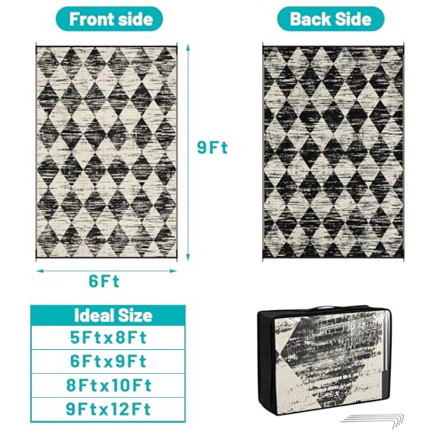 HEBE Checkered Outdoor Rug Waterproof 6x9, Reversible Plastic Straw Rug RV Camping Rug, Indoor Outdoor Patio Mat Clearance, Outside Carpet for Porch, Deck, Camper, Balcony, Backyard, Picnic - color: Beige/Black, size: 6' x 9' (Rectangular)