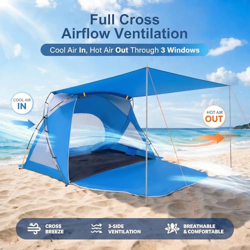 Beach Tent, Portable Sun Shelter for 2/3/4/6-8 Person with UPF 50+ UV Protection, Easy Setup Waterproof Beach Shade Canopy Cabana for Family Outdoor and Picnics, Fishing with Carrying Bag - color: Blue with Canopy, size: Standard 3-Person