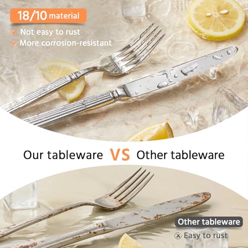 KINGSTONE Silverware Set, 60-Piece 18/10 Stainless Steel Flatware Set - Roman Column Embossed Thick Handle, for Wedding, Home, Restaurant, Kitchen and Party, Mirror Polish & Dishwasher Safe - size: 60-Piece