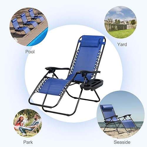 Nazhura Set of 2 Relaxing Recliners Patio Chairs Adjustable Steel Mesh Zero Gravity Lounge Chair Beach Chairs with Pillow and Cup Holder (Blue) - color: Blue