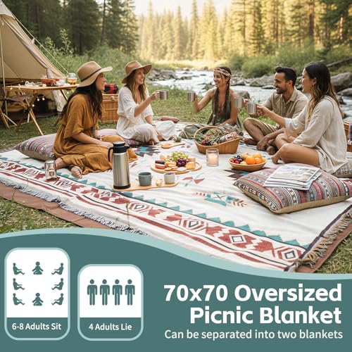 2 in 1 Extra Large Outdoor Picnic Mat Woven Summer Throw Blanket Boho Giant Beach Travel Essential Yoga Accessories Park Patio Lawn Garden Grass Ground Play Music Festival Concert Must Have - color: Boho Beige