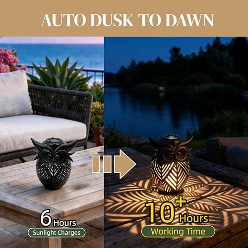 Hanging Owl Solar Lantern, Outdoor Waterproof Metal Solar Lights with Palm Leaf Shadow, Decorative Garden Lanterns for Yard Art Patio Decor, Whimsical Gifts for Women, Black